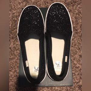 KATE SPADE x KEDS: Double Decker Black Glitter Slip-on Sneaker. Size 7.5.